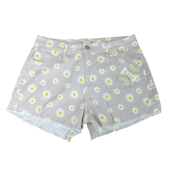Altar'd State Denim Daisy Print Shorts Large Raw Frayed Hem Retro Stretch NEW - Picture 3 of 10